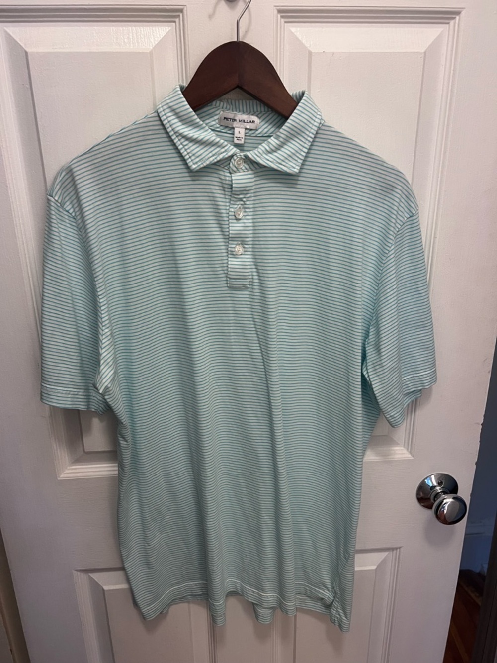 Peter Millar Light Mint and White Striped Polo